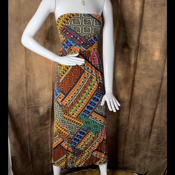Chocolate Dresses & Skirts - CHOCOLATE STRAPLESS PATCH PRINT Size S not centered slit multicolor